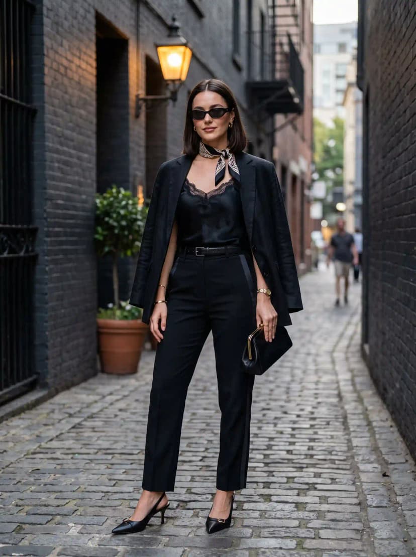Black Blazer + Lace Camisole + Black Trousers