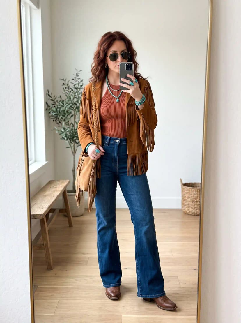 Fringe Suede Jacket + Rust Knit Top + Dark Wash Flare Jeans