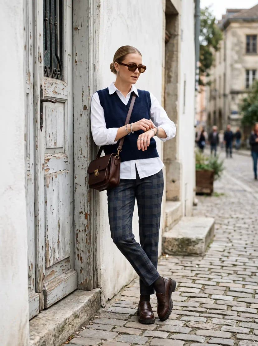 Button-Down Shirt + Sweater Vest + Plaid Trousers