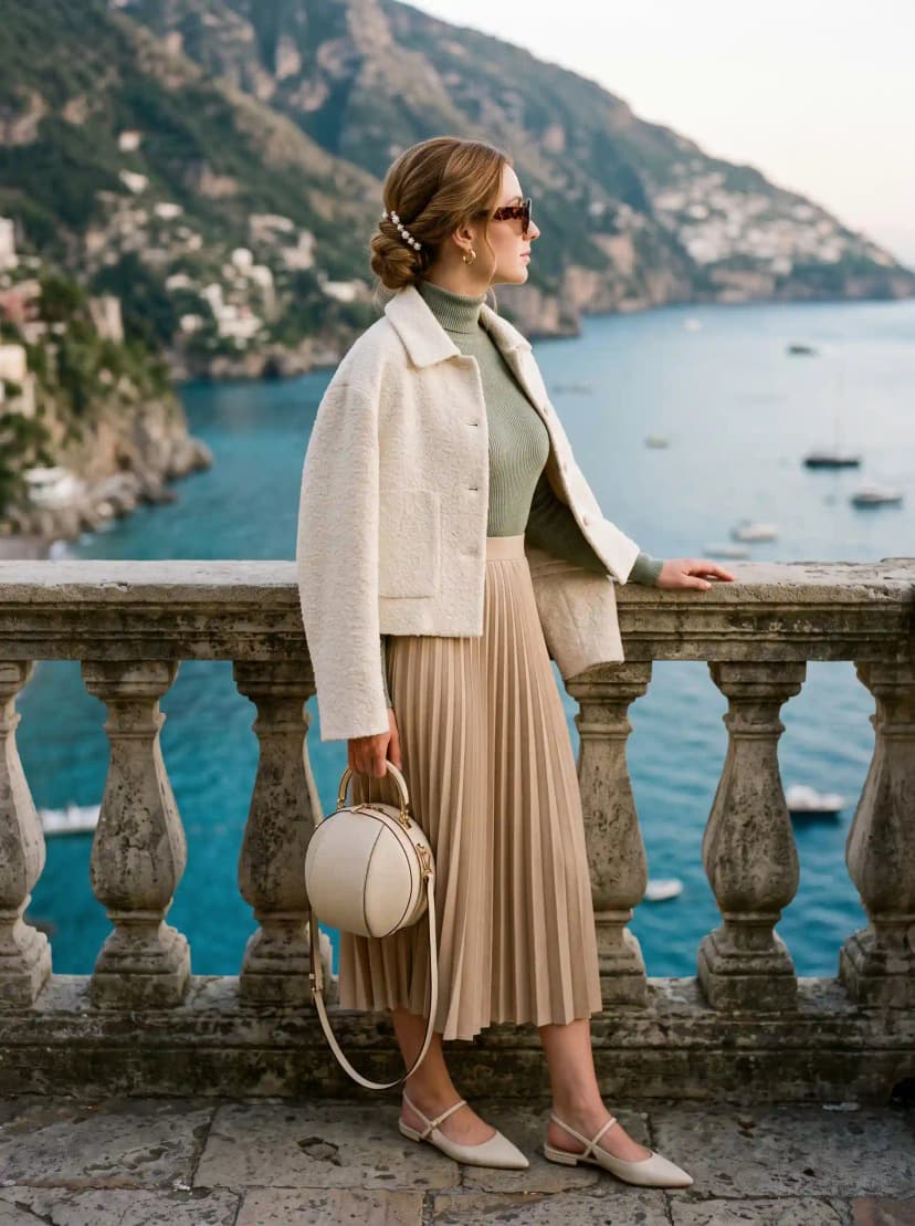 Textured Jacket + Turtleneck + Pleated Midi Skirt