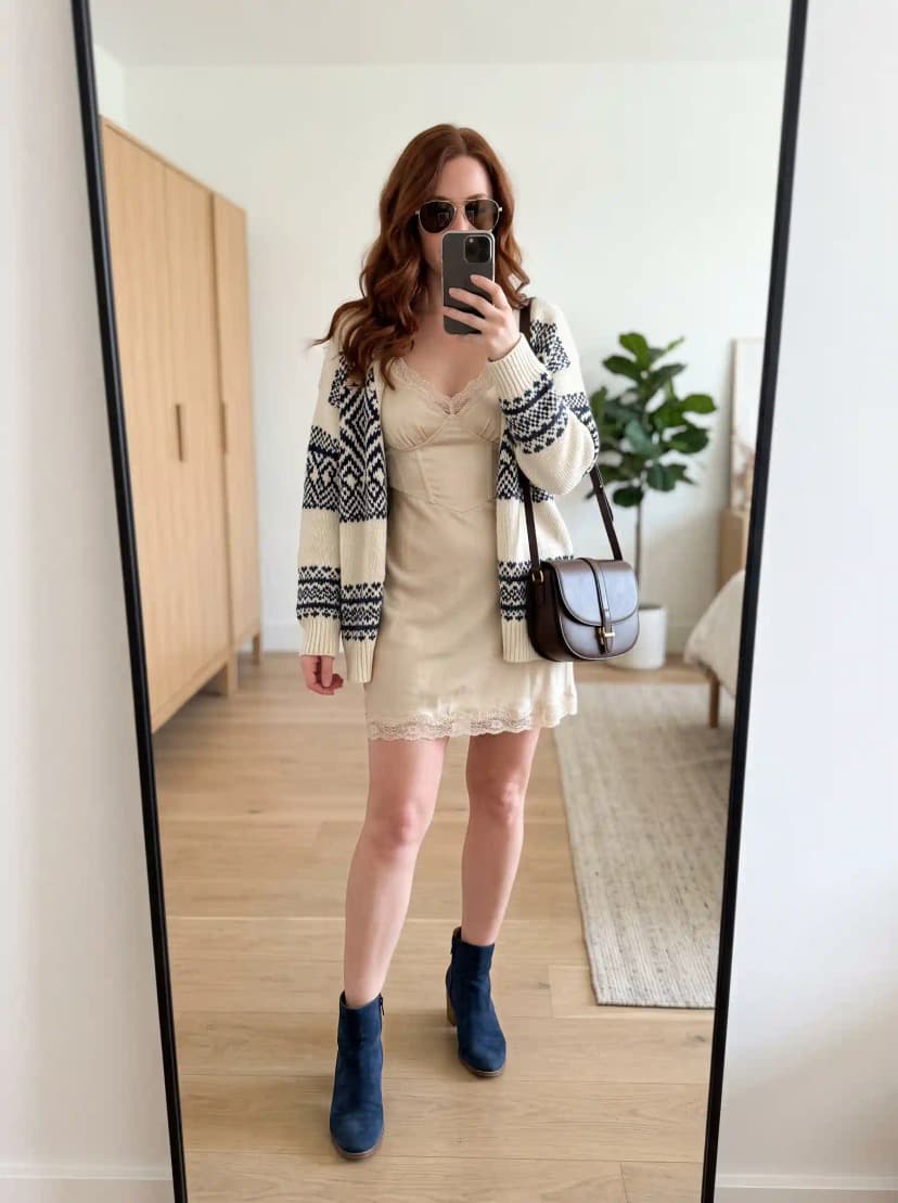 Striped Cardigan + Slip Dress + Suede Ankle Boots