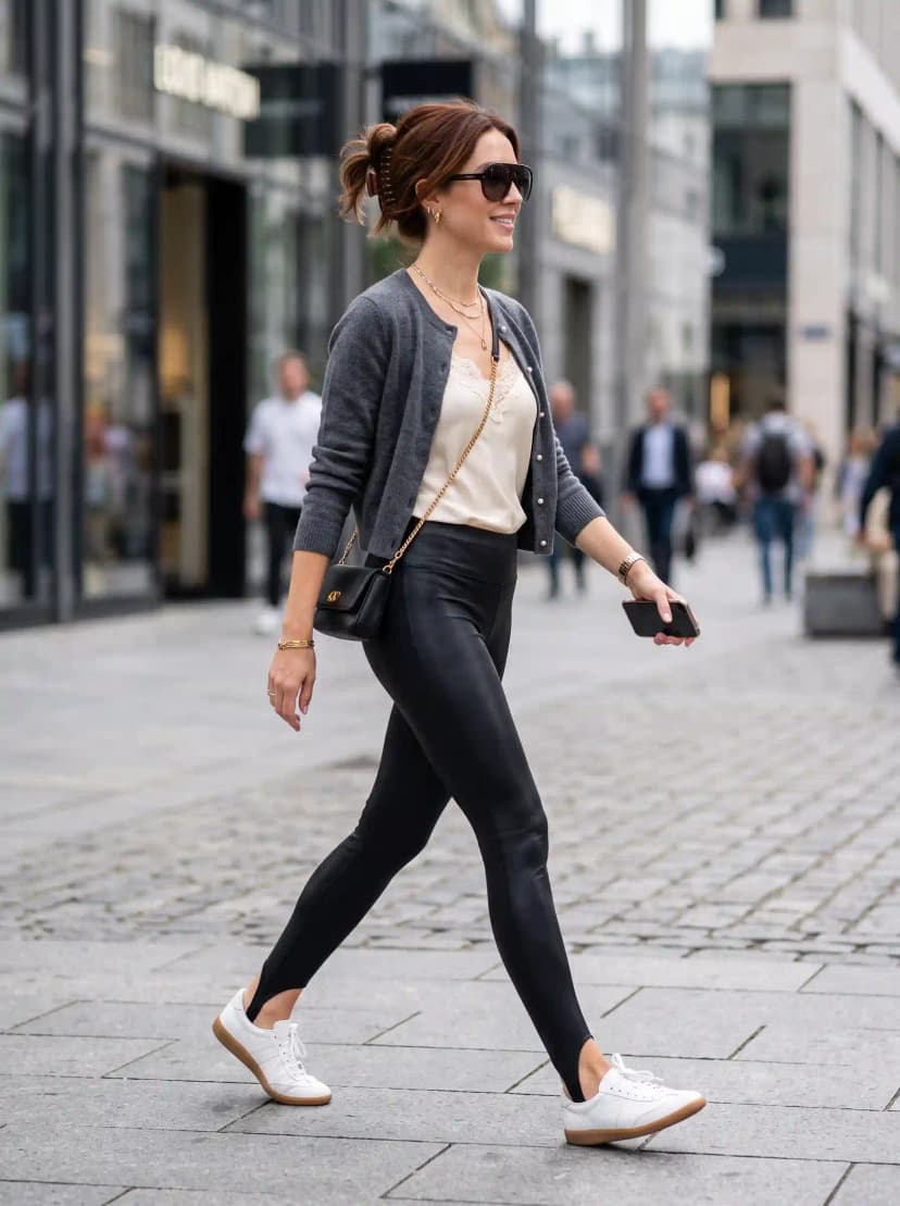Grey Cardigan + Lace Cami + Stirrup Leggings