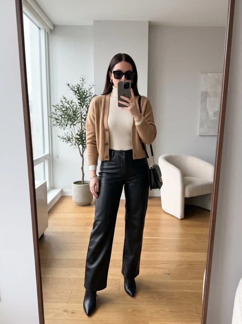 Camel Cardigan + Turtleneck + Faux Leather Pants
