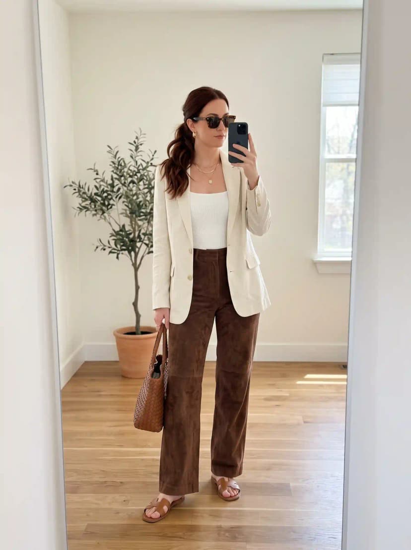 Linen Blazer + Tank Top + Suede Wide-Leg Pants