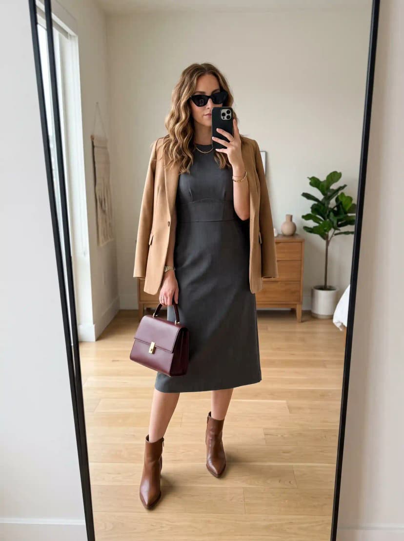 Camel Blazer + Sheath Dress + Ankle Boots