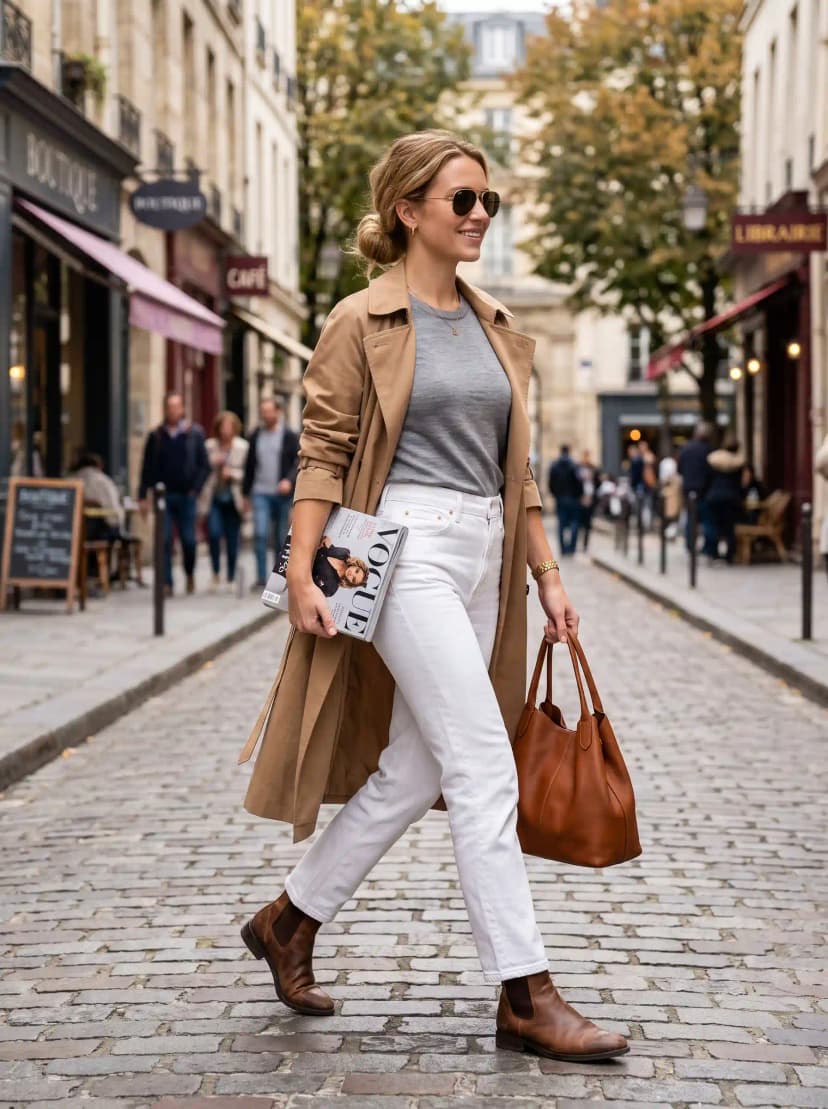 Tan Trench Coat + Grey Top + White Jeans