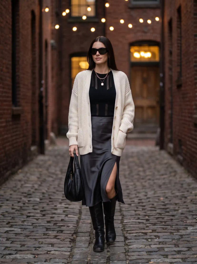Cream Cardigan + Black Mesh Top + Grey Satin Skirt