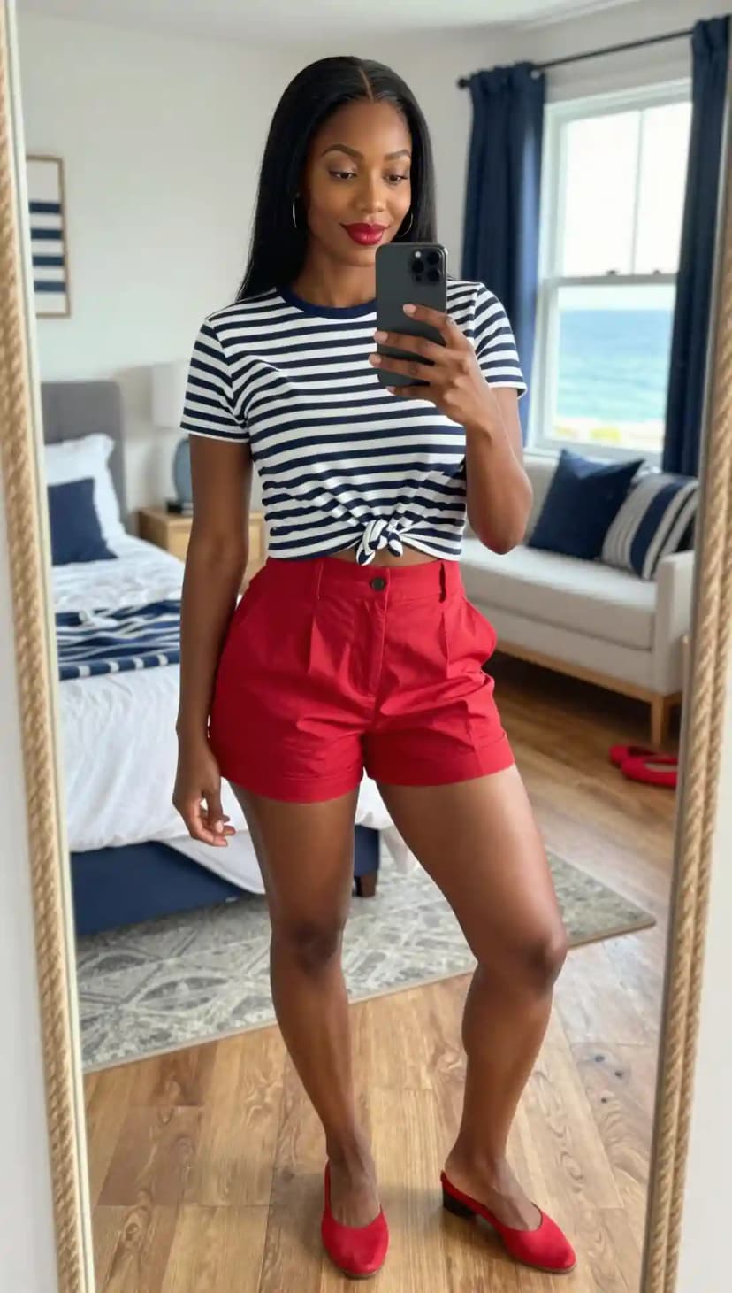 Navy and White Striped Cotton T-Shirt + Red Cotton Shorts