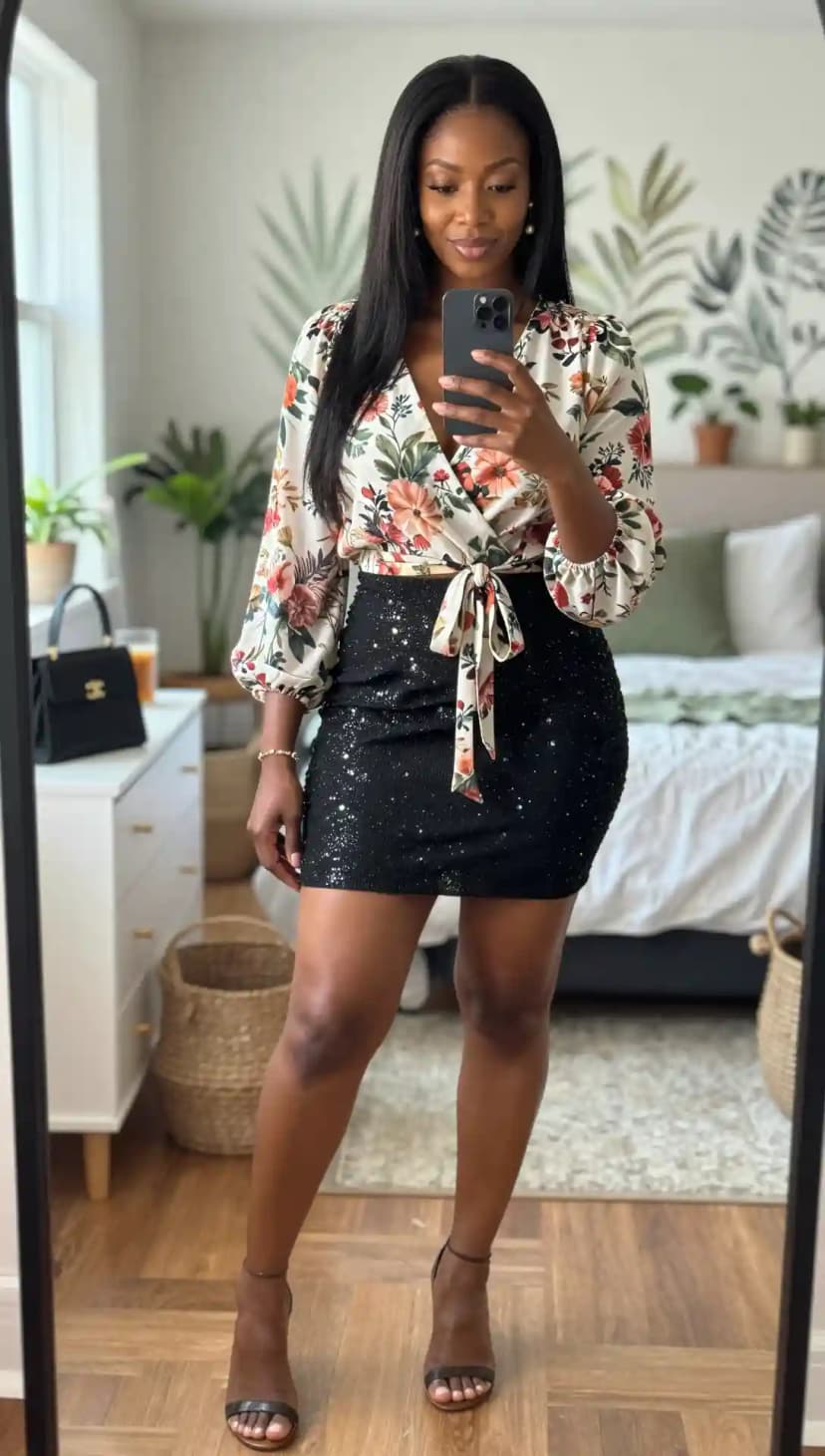 Cream Floral Print Silk Wrap Top + Black Sequin Mini Skirt