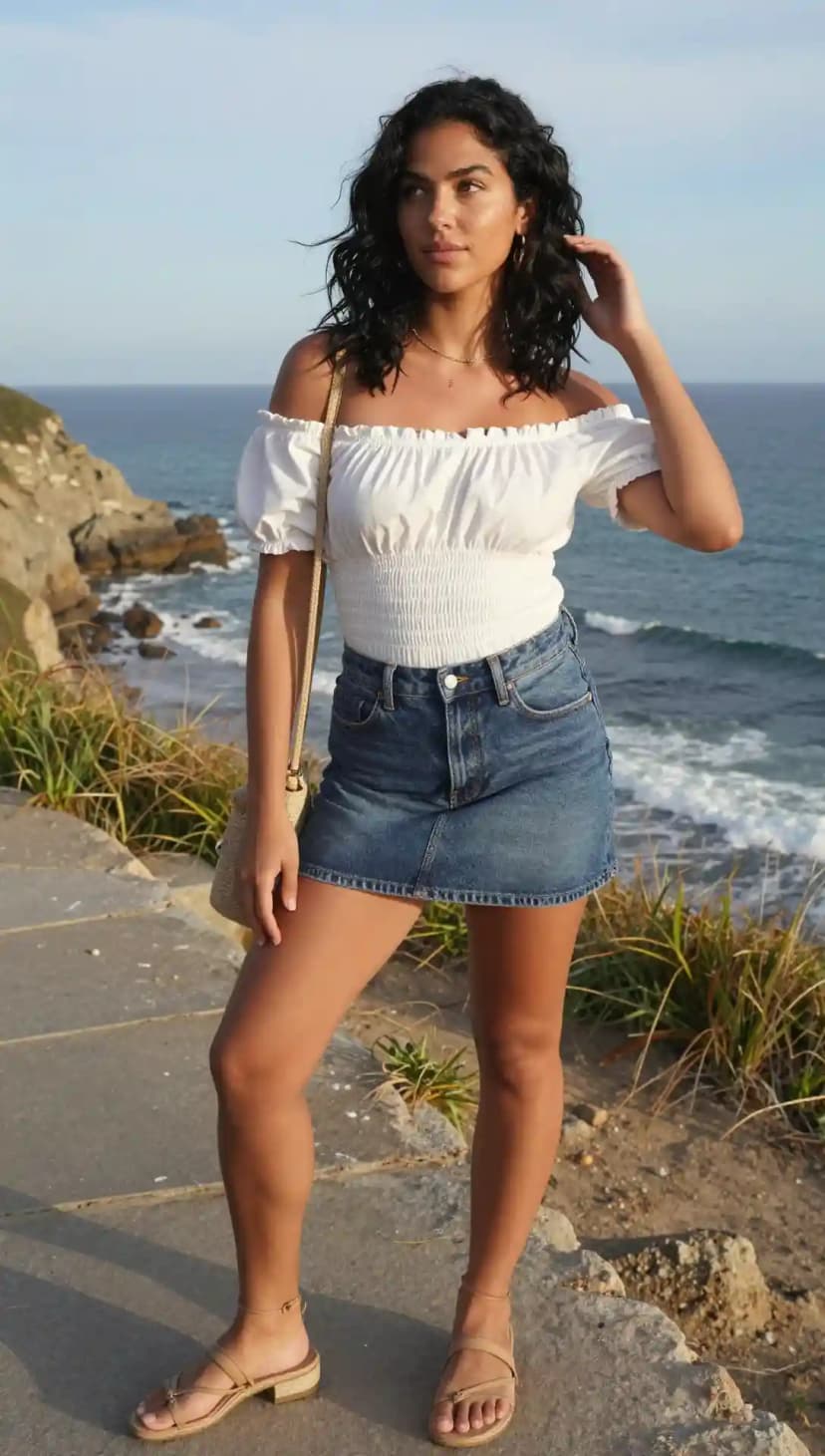 White Cotton Smocked Off-The-Shoulder Top + Blue Denim Mini Skirt
