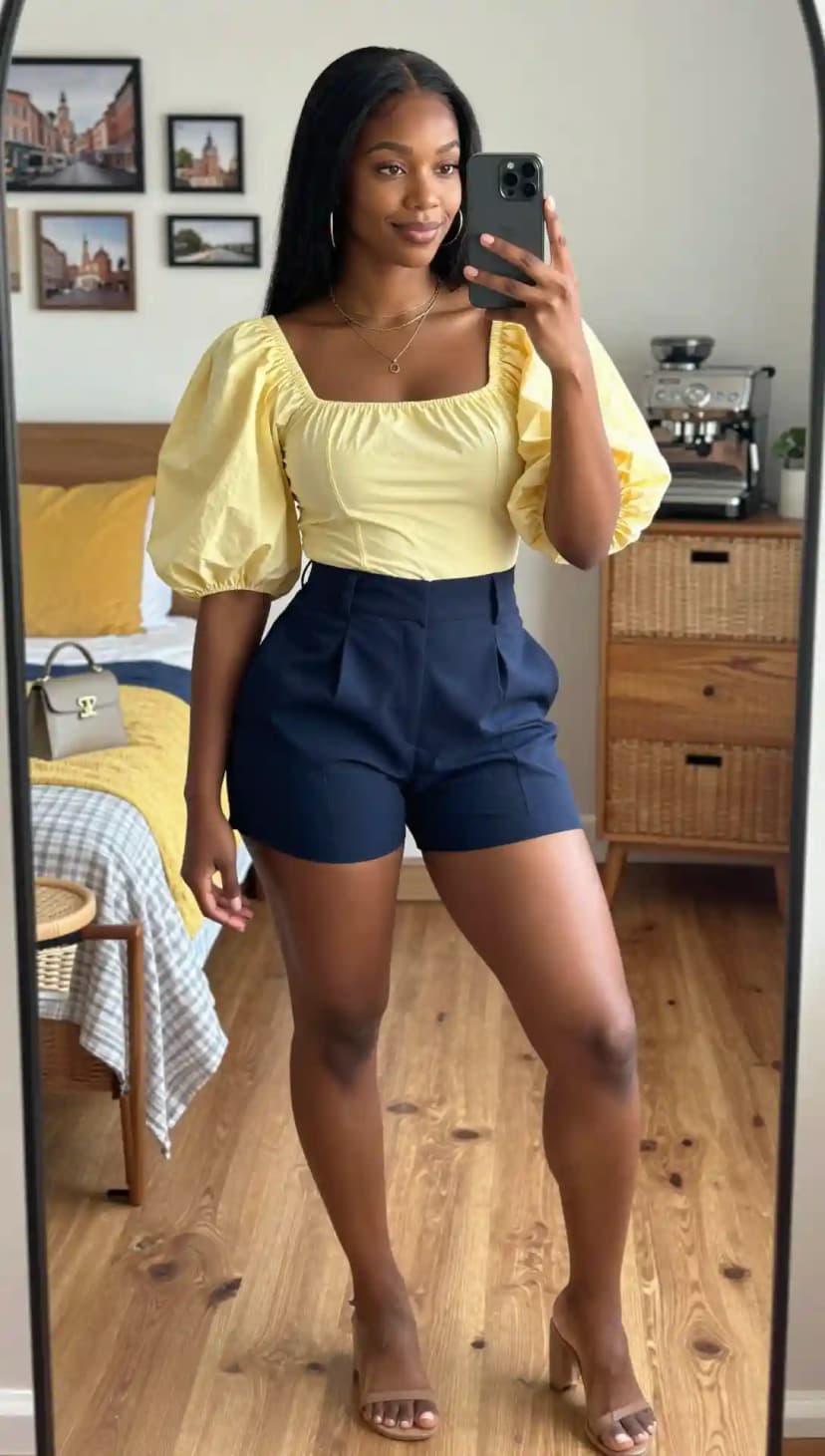 Yellow Cotton Square Neck Top + Navy Cotton Blend Shorts