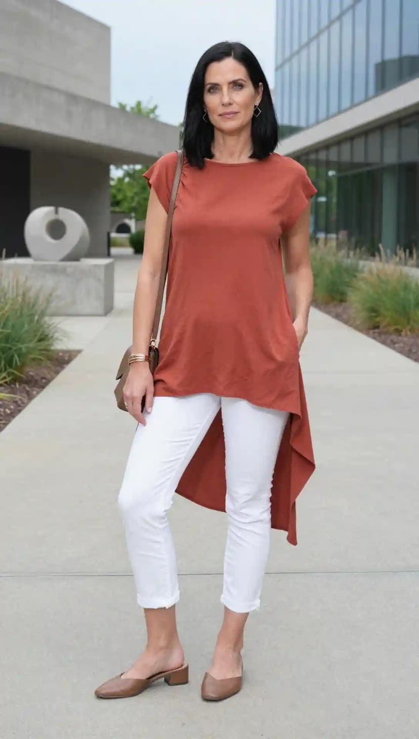 Terracotta Linen Tunic + White Cotton Capris + Brown Leather Mules