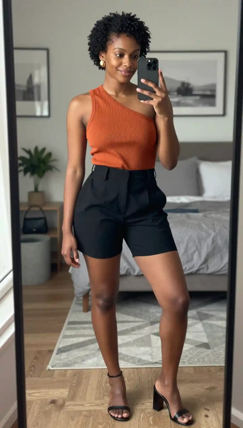 Orange Ribbed Knit One-Shoulder Top + Black Tailored Shorts