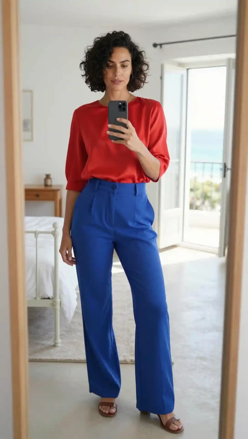 Red Satin Blouse + Royal Blue Wide-Leg Trousers