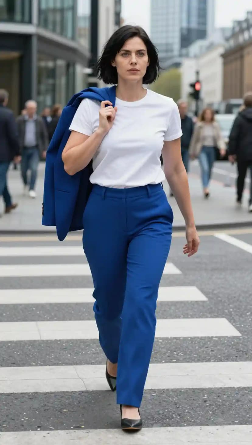 White Cotton T-shirt + Blue Wool Trousers + Blue Wool Blazer