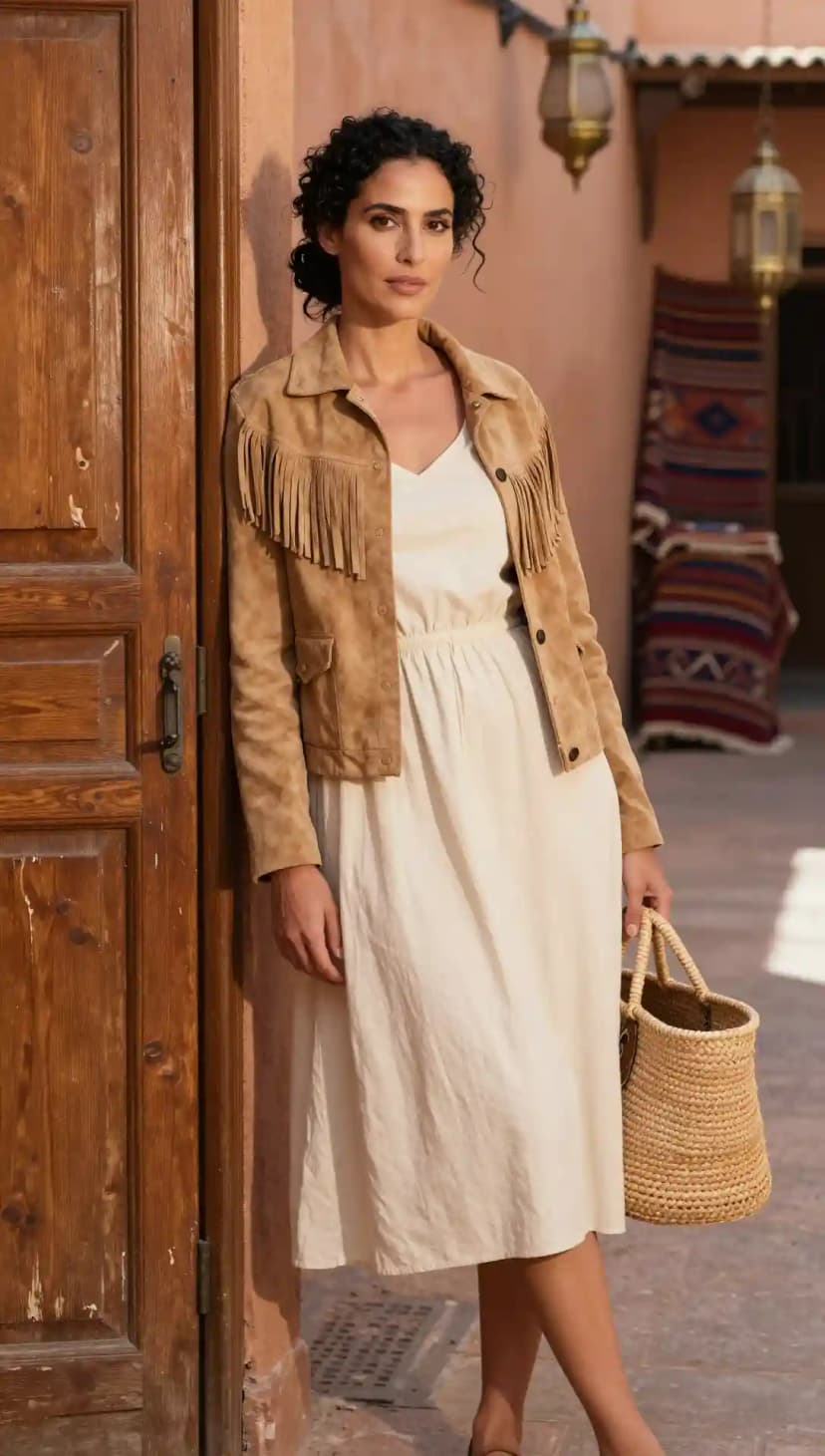 Brown Suede Fringed Jacket + Cream Linen Midi Dress