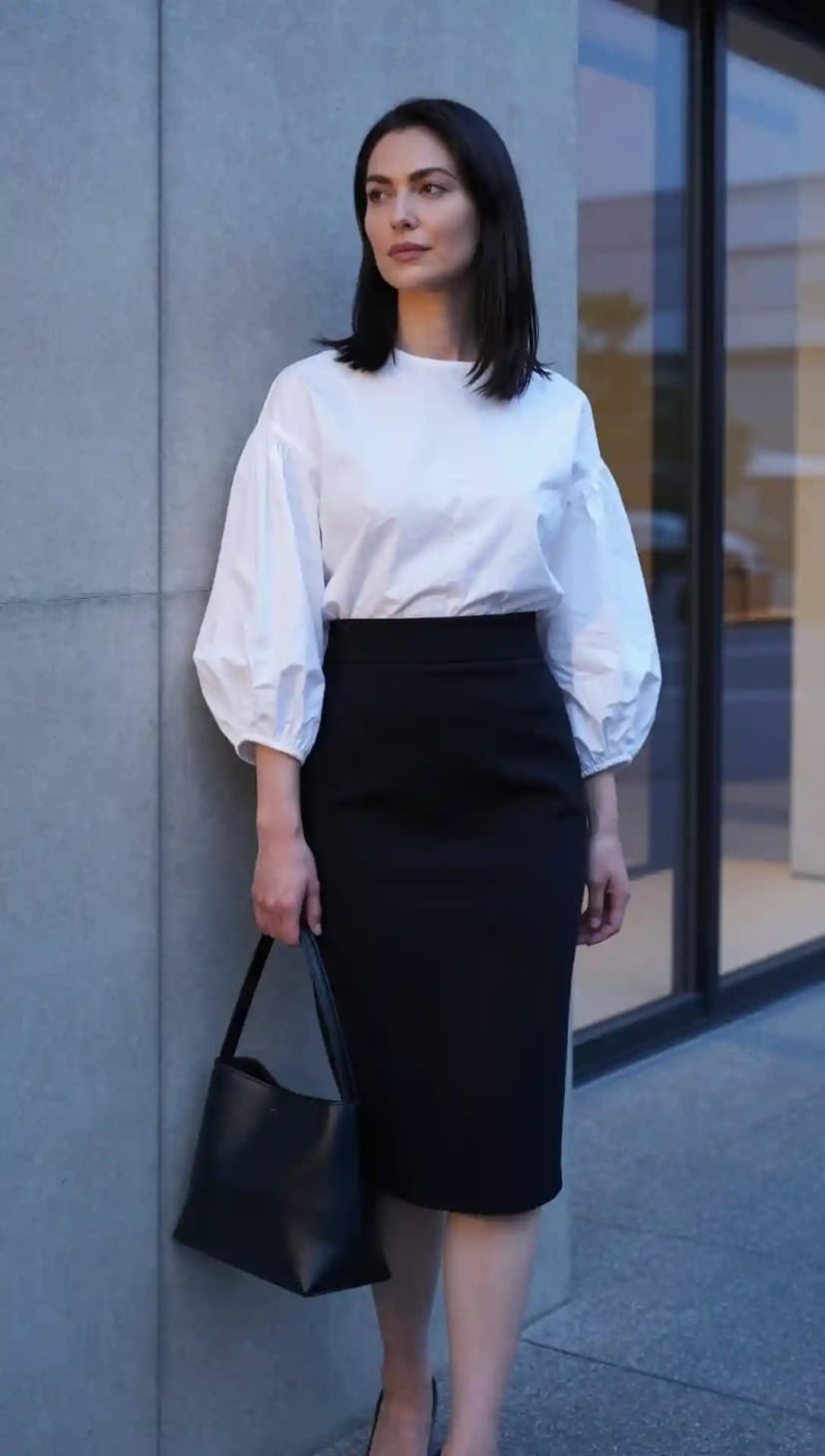 White Cotton Puff Sleeve Blouse + Black Wool Pencil Skirt