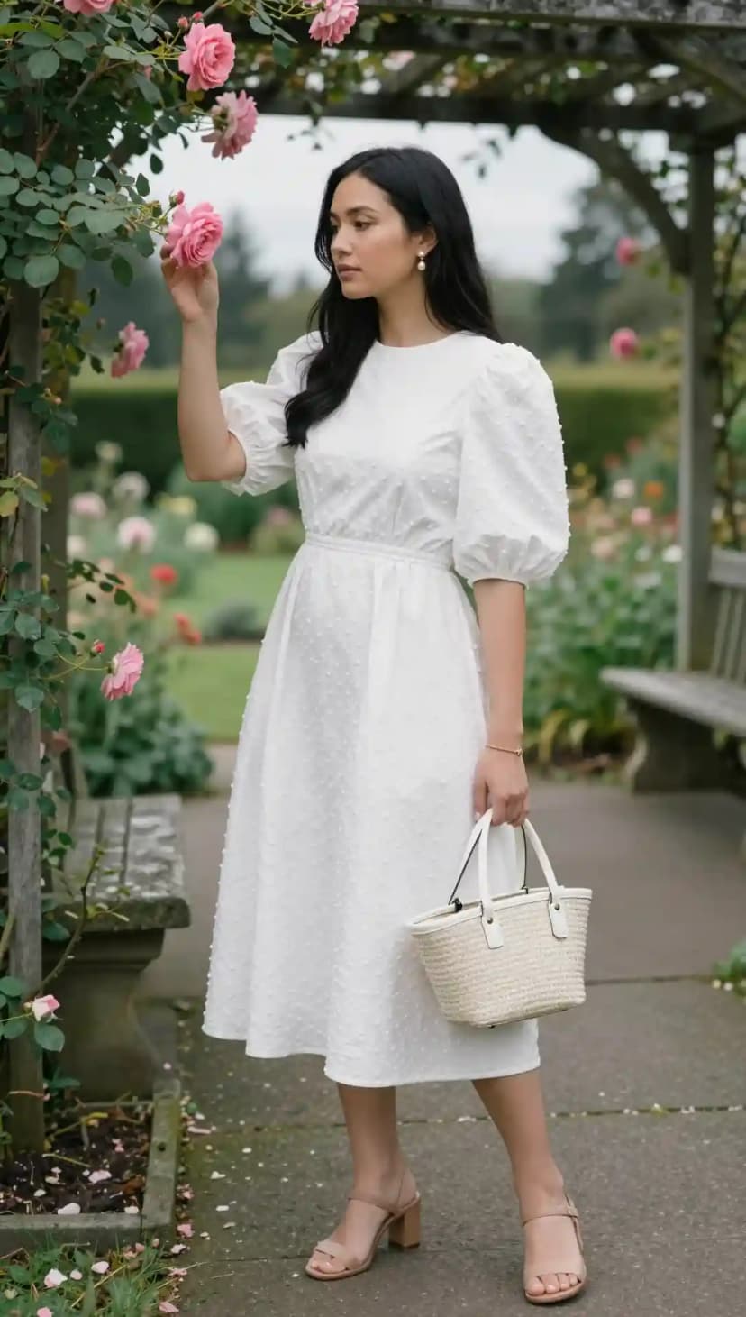 White Puff Sleeve Midi Dress with Eyelet Details + Tan Block Heel Sandals + Straw Basket Bag