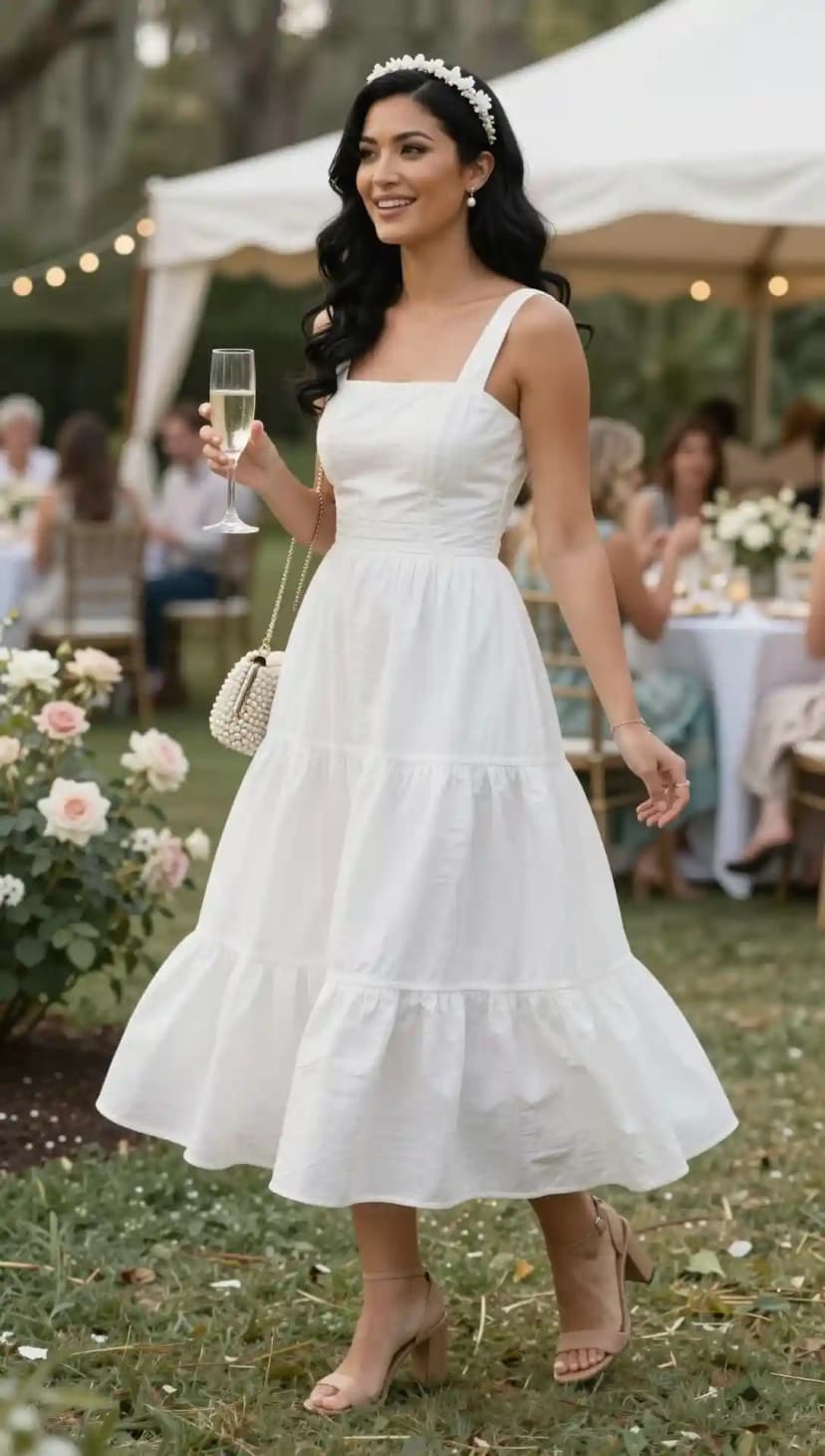 White Tiered Midi Dress + Pearl Bag + Heels