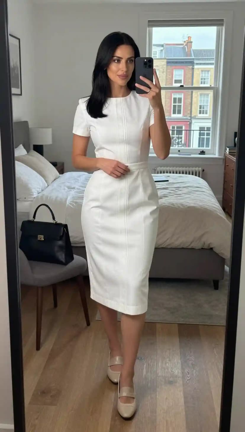 White Fitted Sheath Dress with Seam Detail + Beige Pointed Heels + Black Structured Tote Bag + Gold Watch