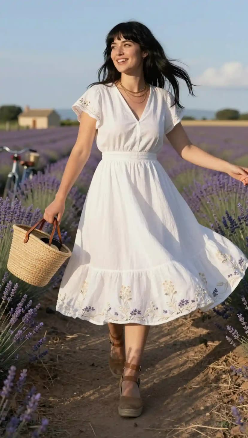 White Embroidered V-Neck Midi Dress + Brown Clogs + Straw Basket Bag + Layered Necklaces