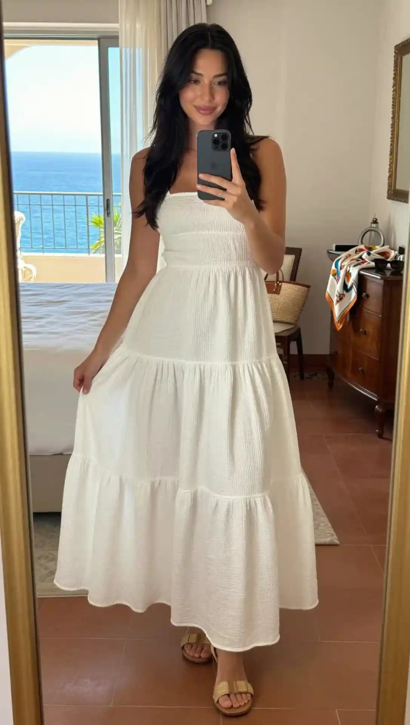 White Smocked Tiered Maxi Dress + Gold Flat Sandals