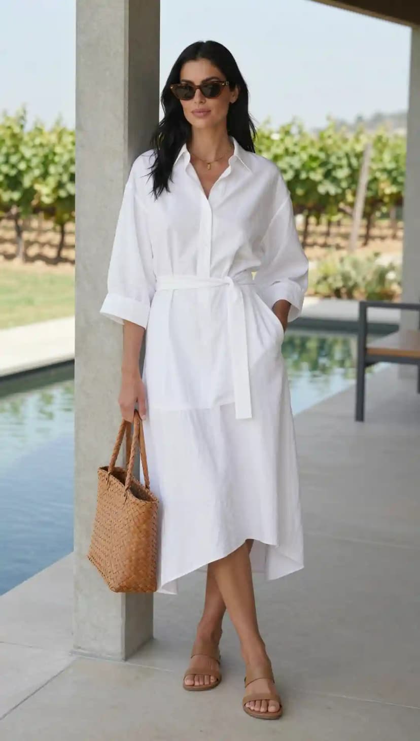 White Oversized Button-Down Dress + Tan Woven Tote + Tan Slide Sandals + Tortoiseshell Sunglasses