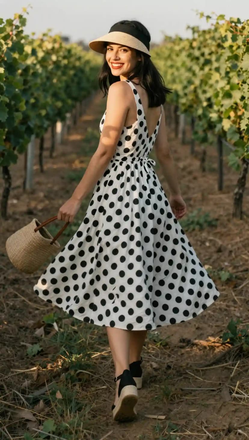 Black Polka Dot Midi Dress + Straw Visor + Woven Basket Bag + Espadrille Wedges