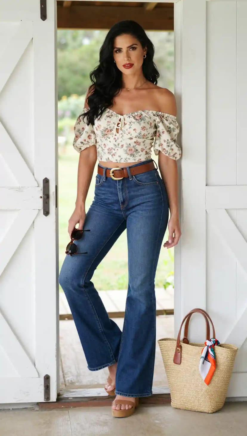 Floral Off-the-Shoulder Top + Flare Jeans + Brown Belt