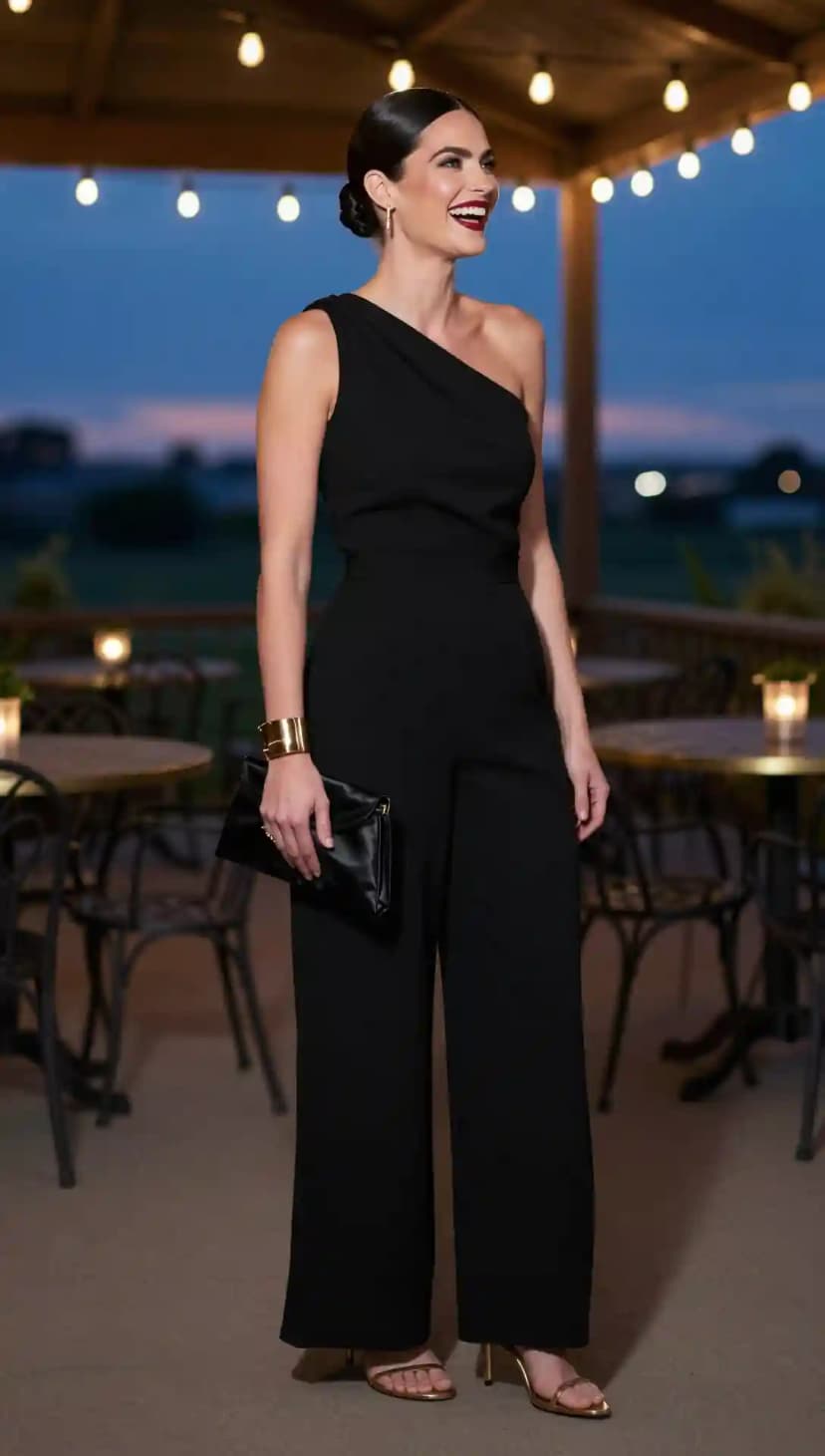 Black One-Shoulder Jumpsuit + Gold Strappy Heels