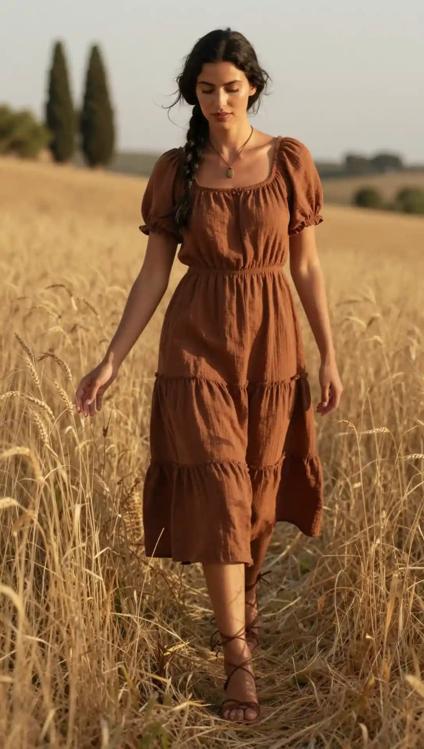 Brown Tiered Midi Dress + Lace-Up Sandals