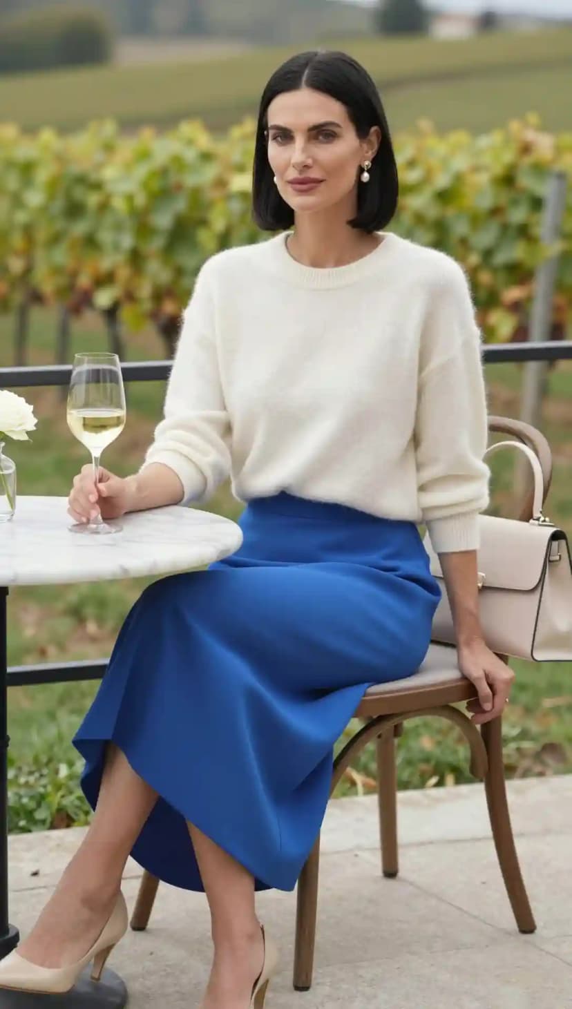 Cream Cashmere Sweater + Royal Blue Midi Skirt + Nude Heels