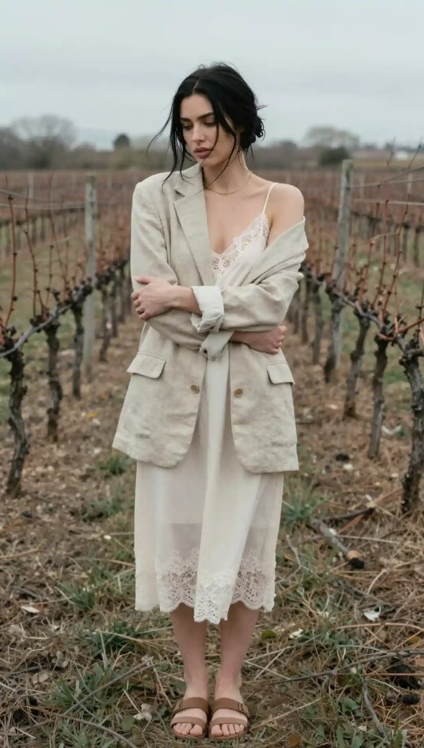 Oversized Linen Blazer + Lace Trimmed Slip Dress + Flat Sandals