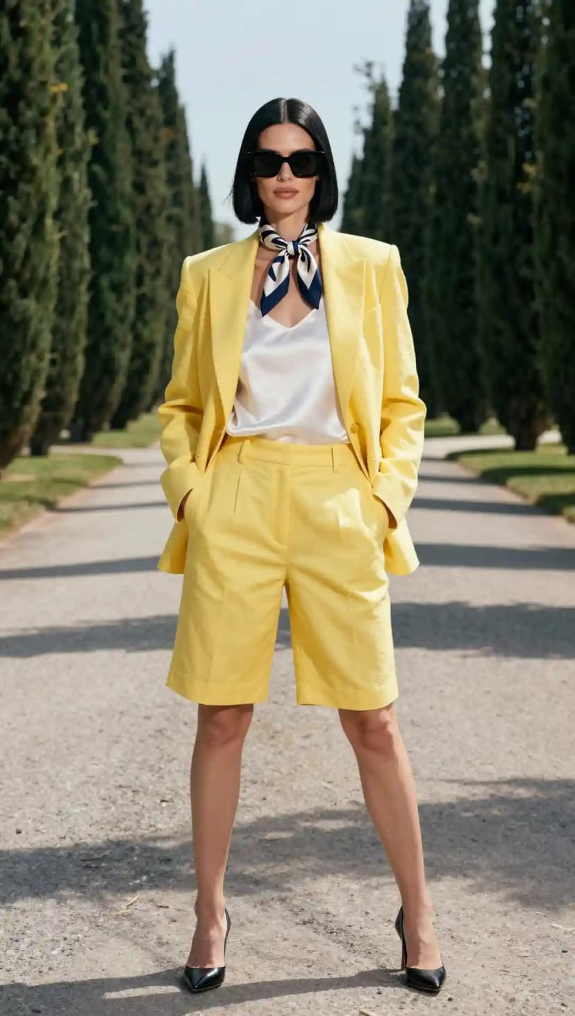 Yellow Linen Blazer + White Silk Camisole + Yellow Linen Shorts + Black Pointed Heels + Striped Scarf + Black Sunglasses