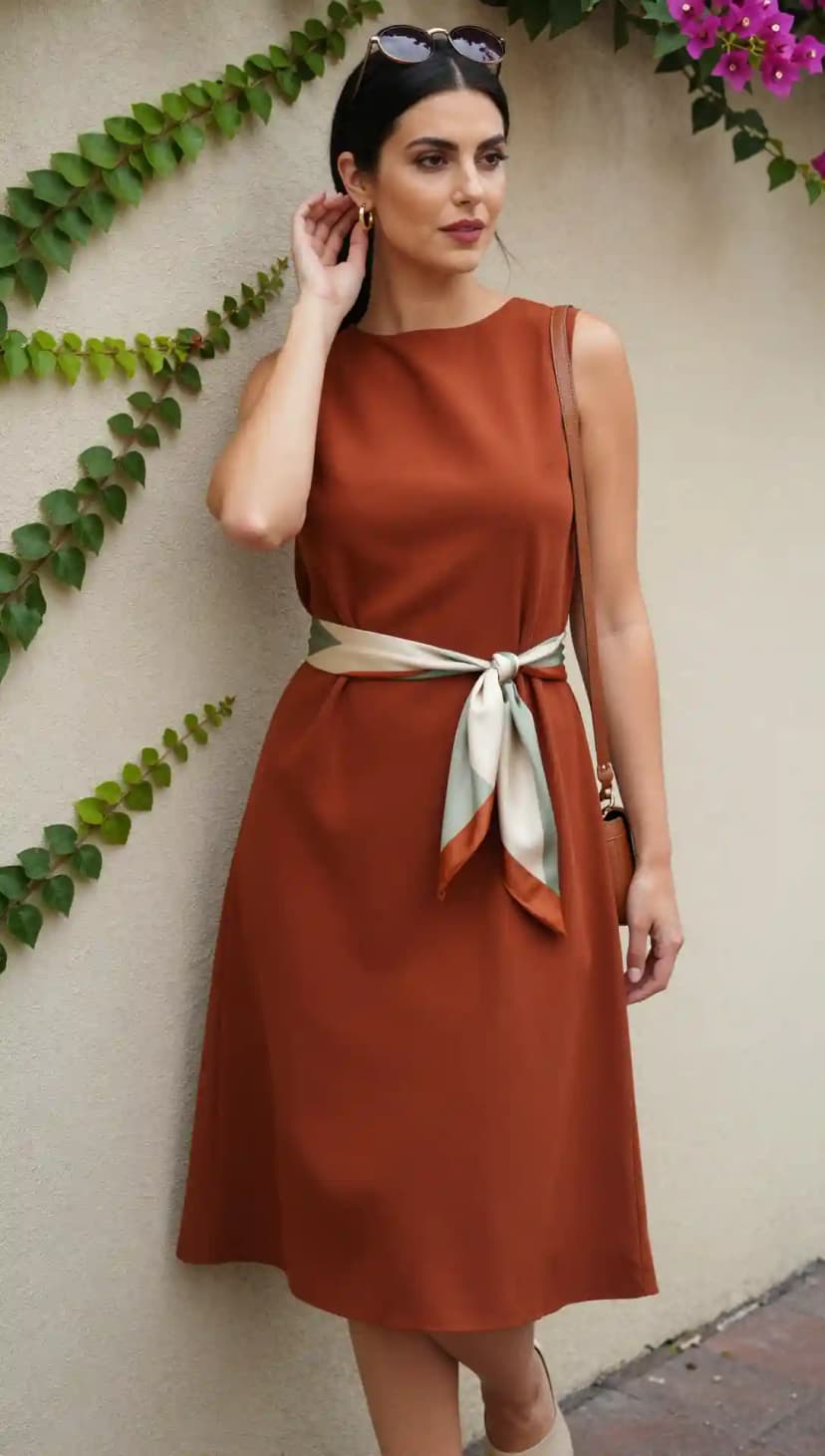 Rust Sleeveless Dress + Scarf Belt + Tan Crossbody Bag