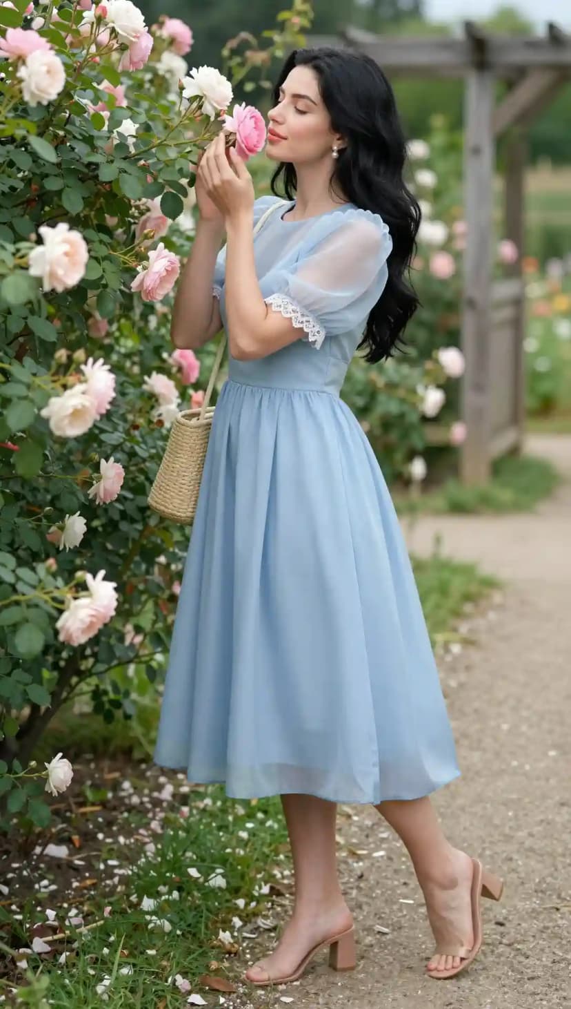 Sky Blue Puff Sleeve Midi Dress + Straw Crossbody Bag + Beige Block Heels