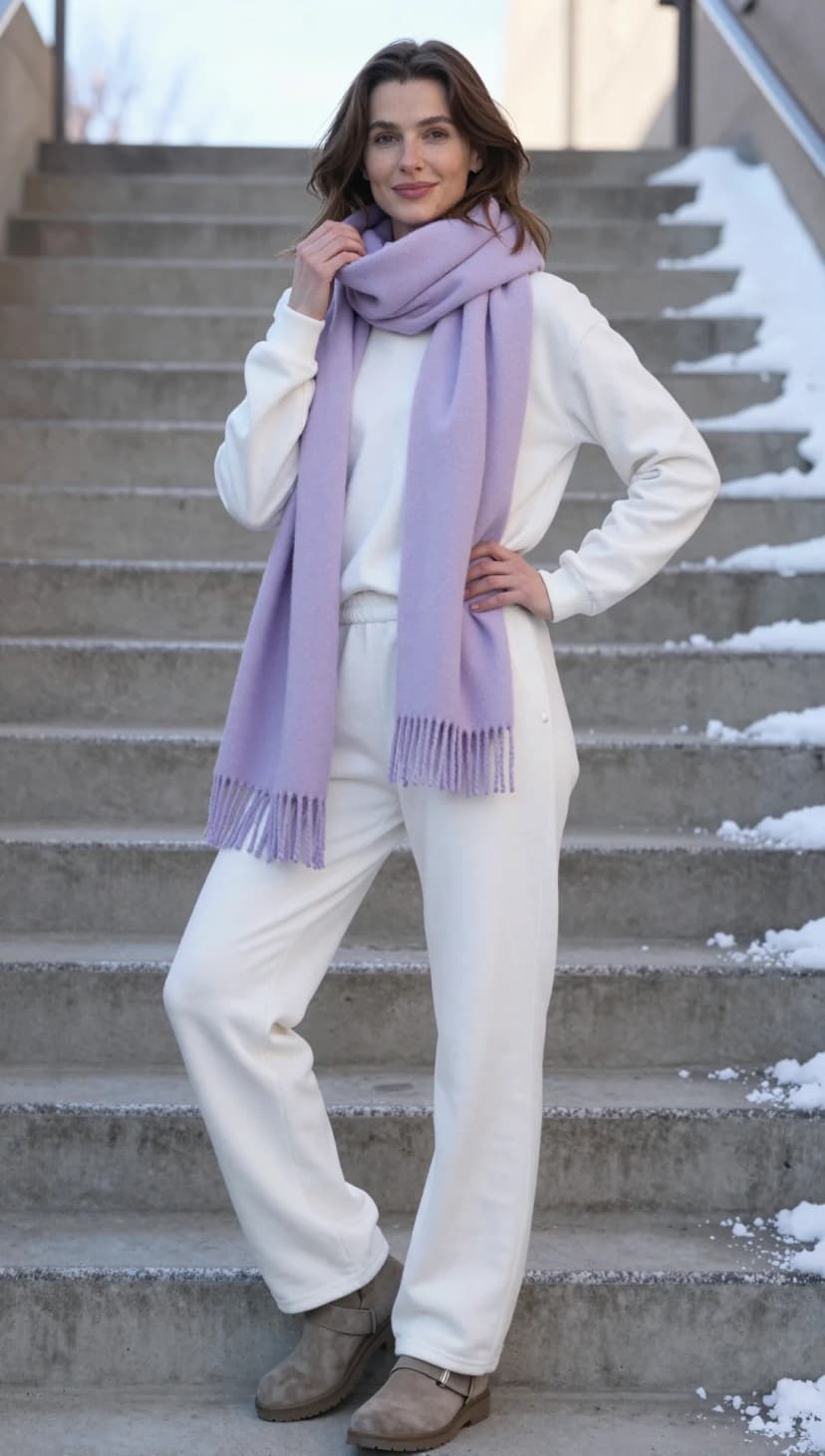 Cream Sweatpants + Cream Sweatshirt + Lavender Scarf + Taupe Suede Boots