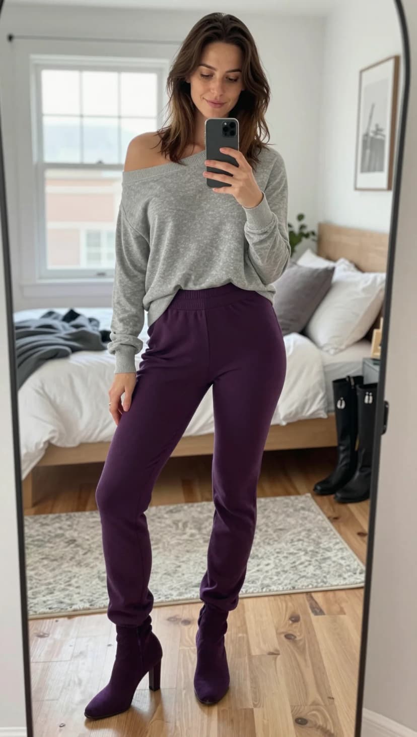 Grey Off-The-Shoulder Sweatshirt + Plum Joggers + Plum Suede Booties