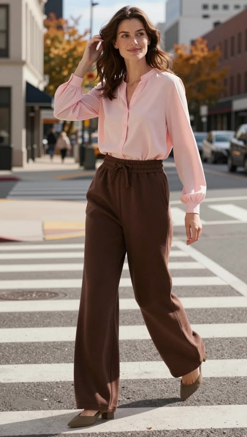 Pink Chiffon Blouse + Brown Sweatpants + Taupe Block Heels