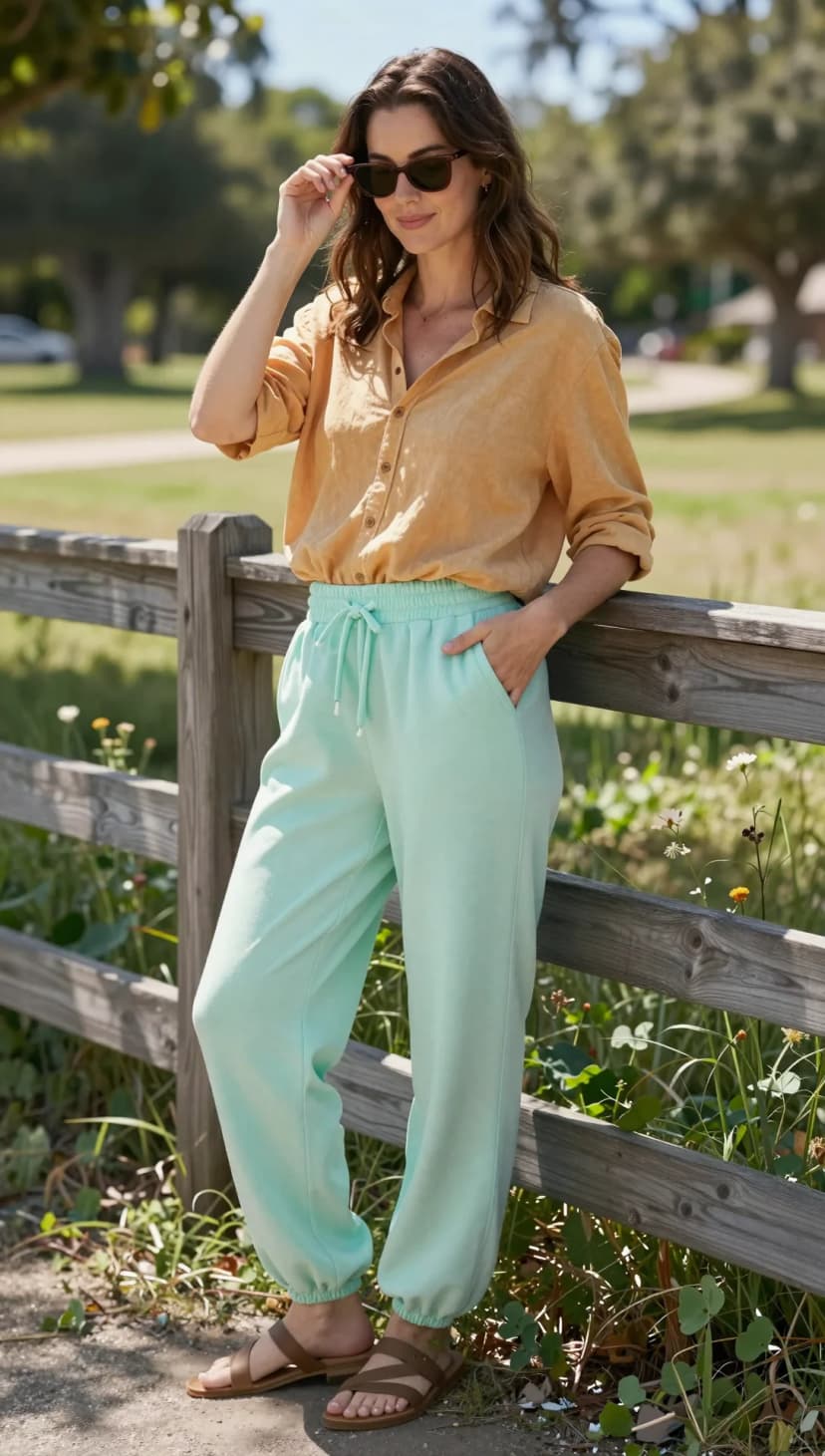 Mustard Linen Button-Down Shirt + Mint Terry Cloth Sweatpants + Brown Leather Sandals