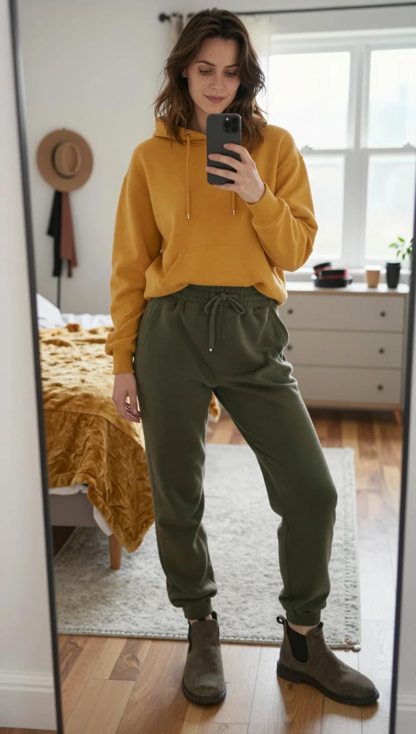 Mustard Cotton Hoodie + Olive Sweatpants + Taupe Suede Boots