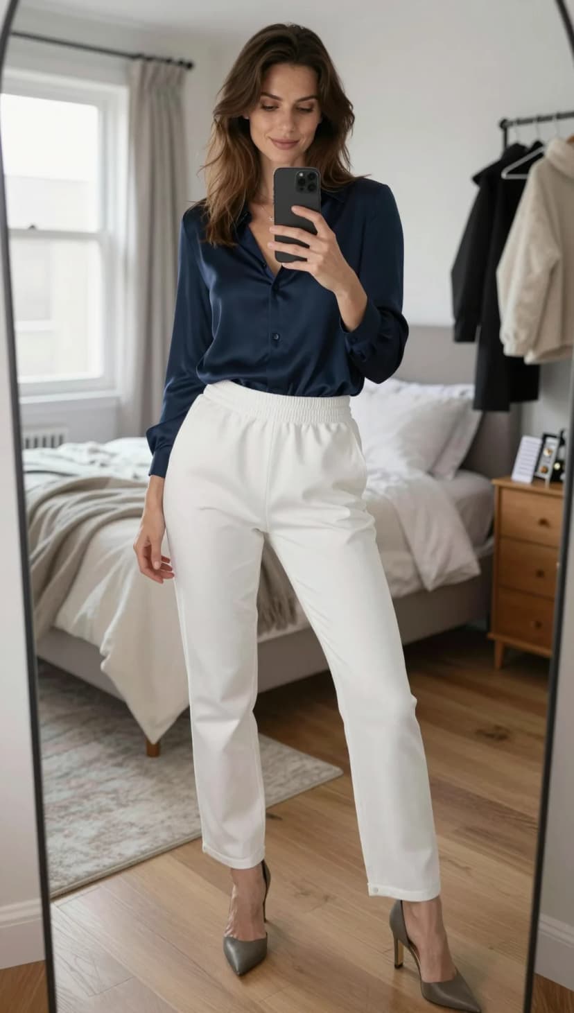 Navy Satin Button-Down + White Faux Leather Trousers + Grey D'Orsay Heels