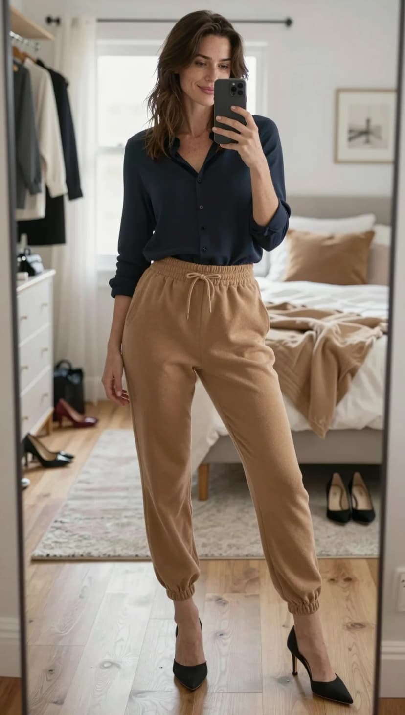 Navy Silk Button-Down Shirt + Camel Fleece Joggers + Black Suede Heels
