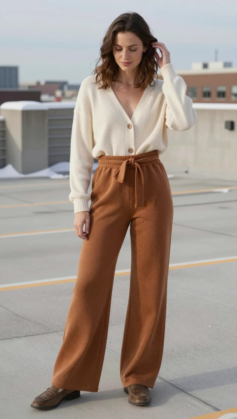 Cream Knit Cardigan + Brown Wide-Leg Sweatpants + Brown Loafers