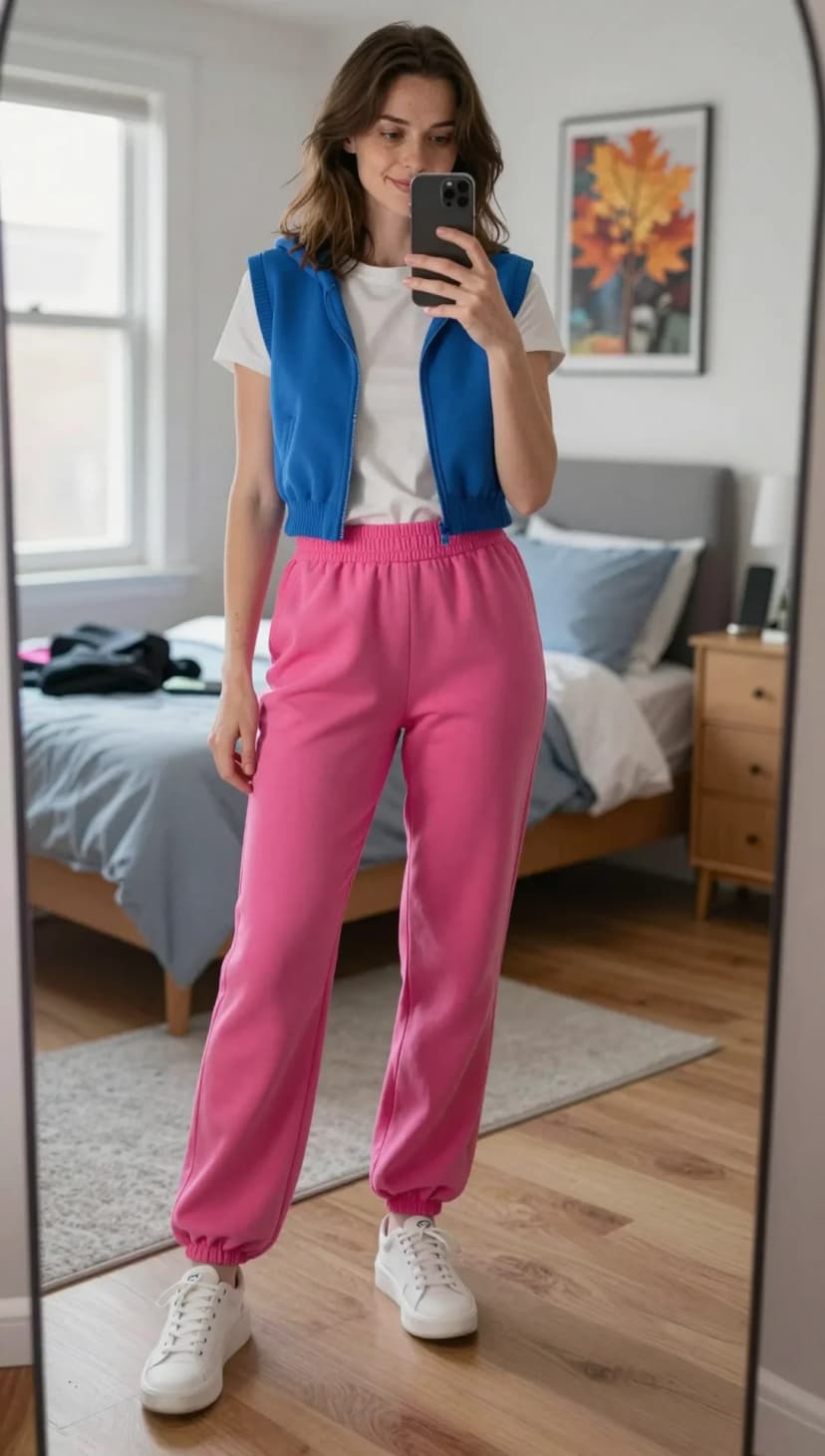 White T-Shirt + Blue Puffer Vest + Pink Sweatpants + White Sneakers