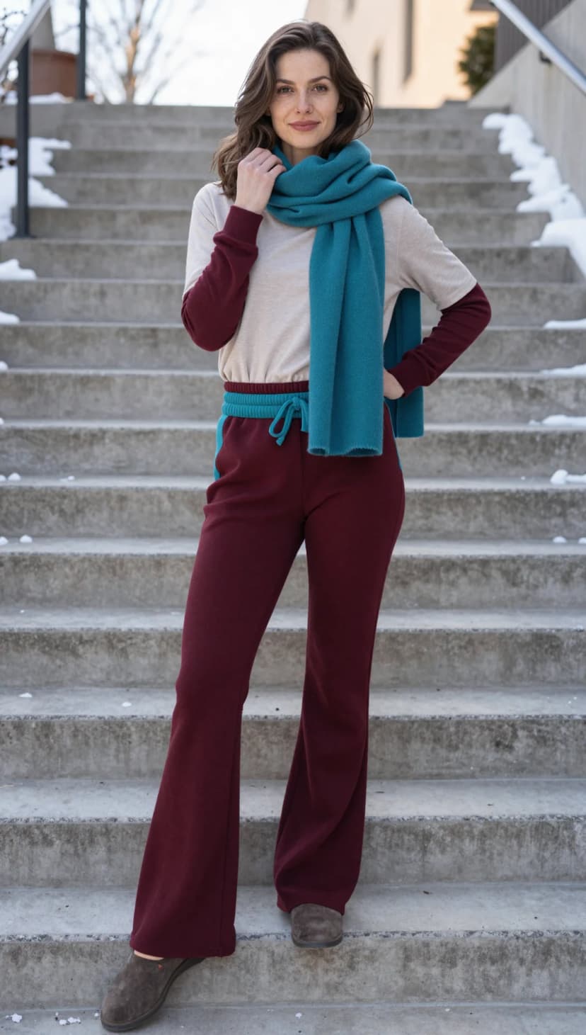Cream Long Sleeve T-Shirt + Burgundy Sweatpants + Teal Scarf + Brown Mules