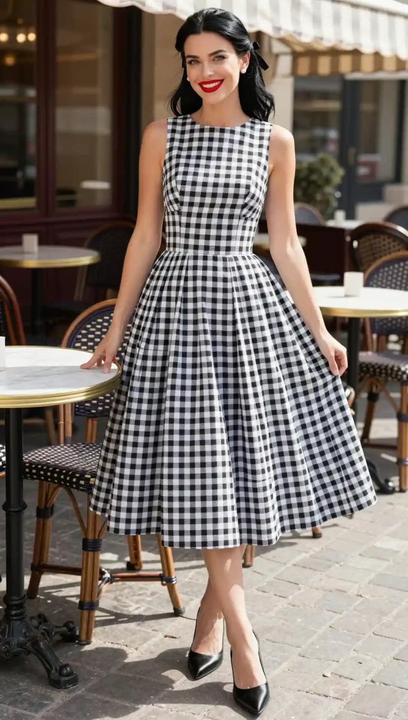 Black and White Gingham Cotton Fit and Flare Dress + Black Leather Pointed Heels