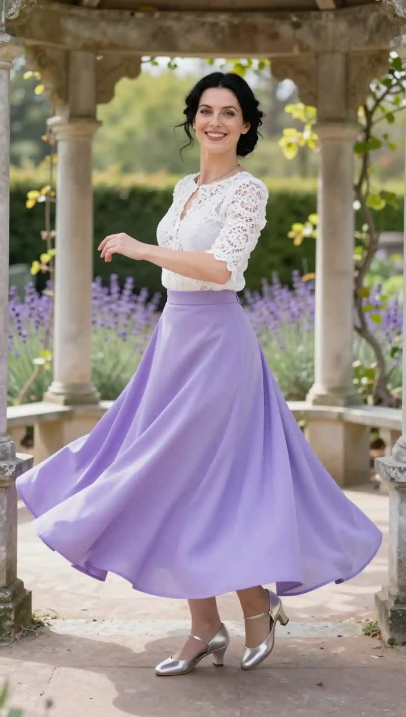 White Lace Cropped Top + Lavender Satin Midi Skirt + Silver Mary Jane Heels