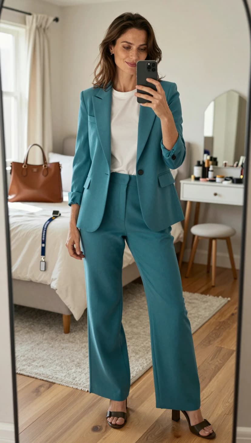 Teal Woven Blazer + White Cotton Tee + Teal Woven Trousers + Dark Brown Leather Sandals