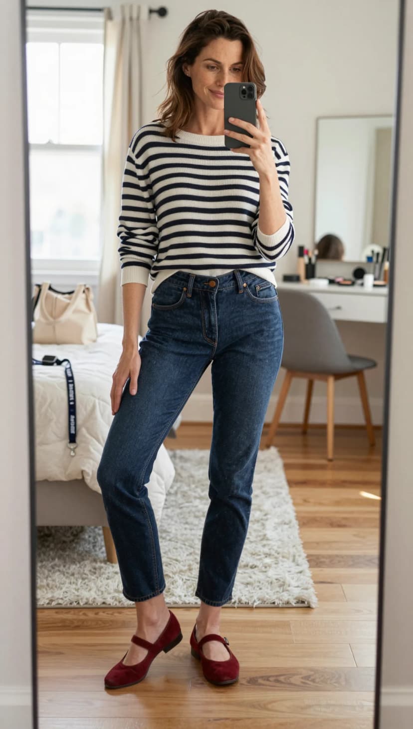 Navy and White Striped Knit Sweater + Dark Wash Straight Leg Jeans + Burgundy Suede Mary Janes